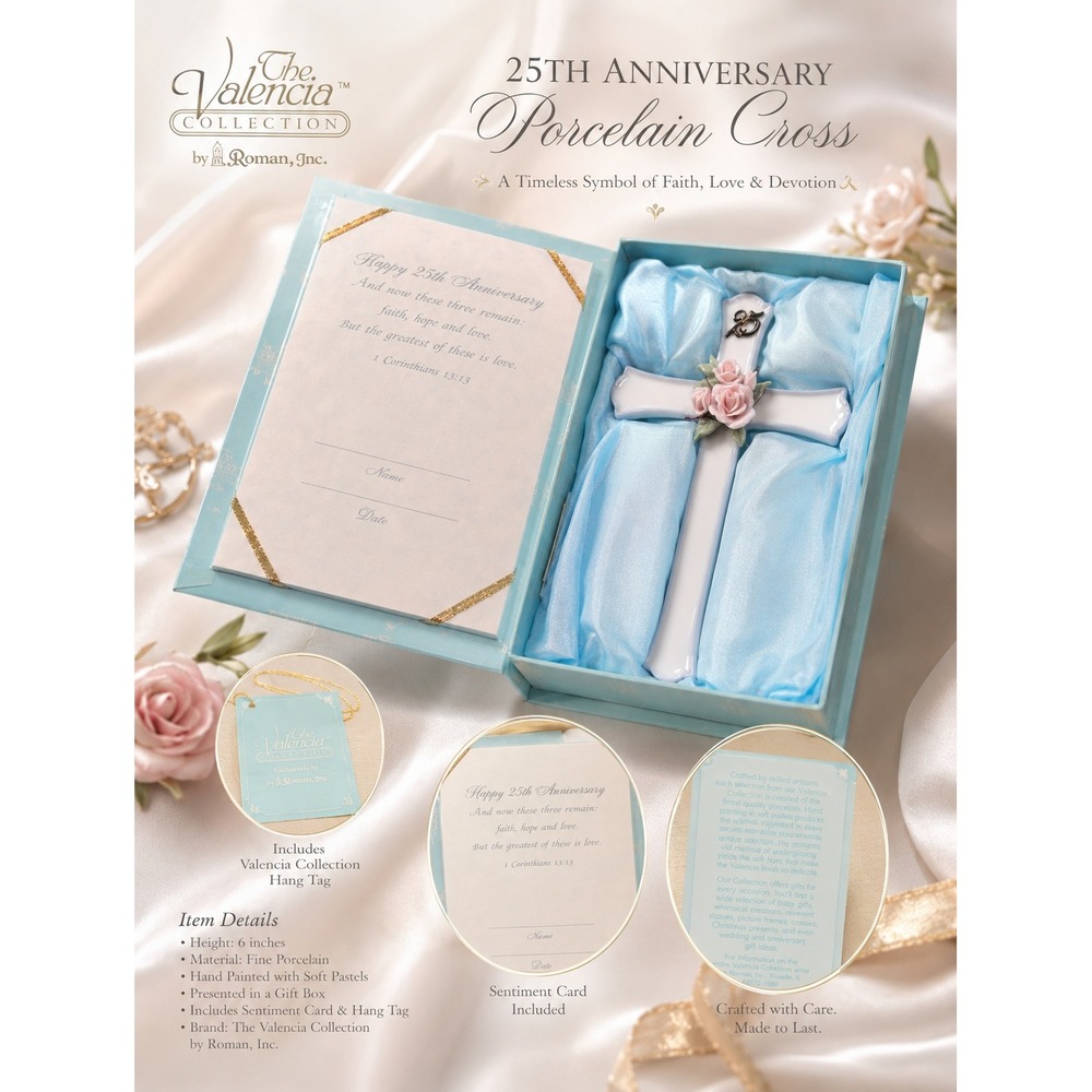 Roman Inc Valencia Collectionβ 25th Anniversary Porcelain Wall Cross Pink Roses